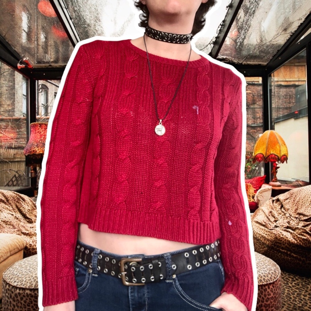 Great American Sweater Co Cherry Red Cable-Knit Pullover Sweater, Size M